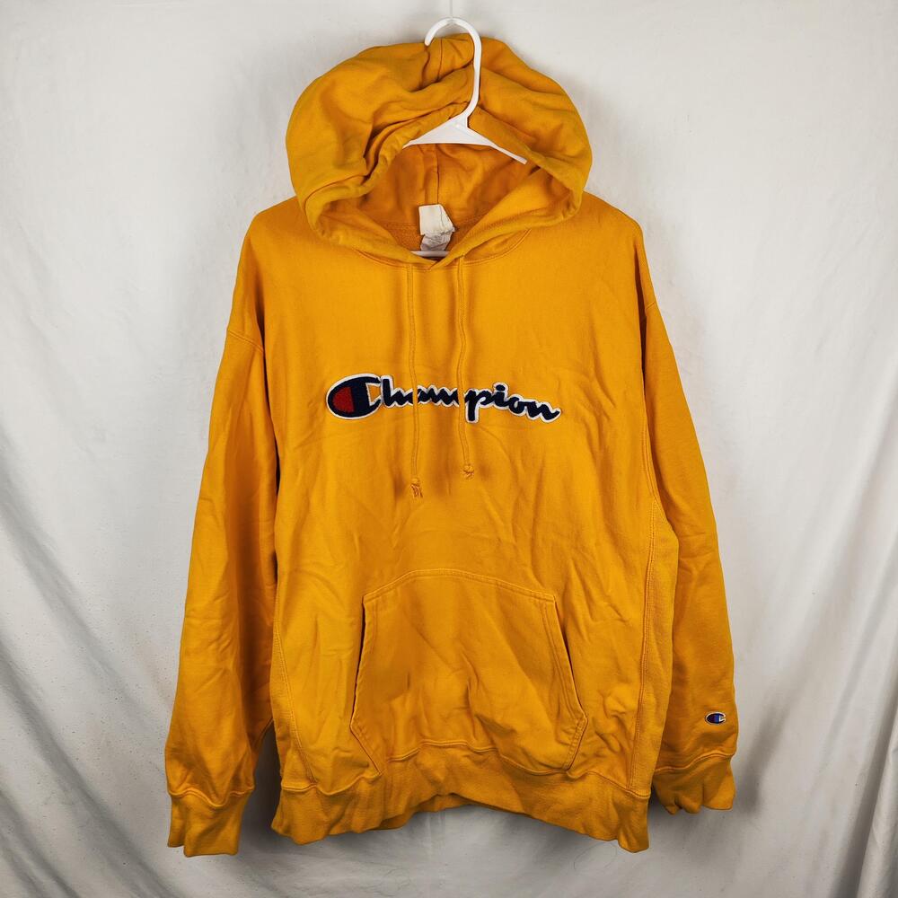 Champion Reverse Weave Hoodie Mens XL Yellow Fleece Kangaroo Pocket Sweatshirt